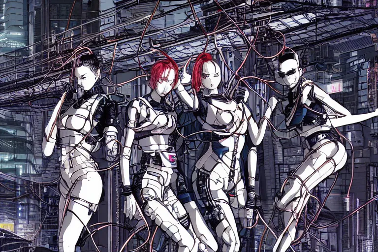 Image similar to a cyberpunk illustration of a group of four female androids in style of masamune shirow, lying scattered across an empty, white floor with their bodies rotated in different poses and cables and wires coming out, by yukito kishiro and katsuhiro otomo, hyper-detailed, intricate