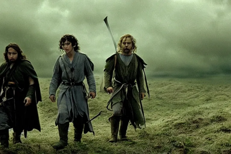 Prompt: movie still from the lord of the rings directed by ridley scott in the style of h. r. giger, frodo and sam leave the shire, dark landscape, cinematic, cinemascope