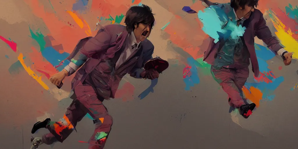 Image similar to cartoonish paul mccartney running, vivid colors, character sheet, fine details, concept design, contrast, kim jung gi, greg rutkowski, trending on artstation, 8 k, full body, turnaround, front view, back view, ultra wide angle