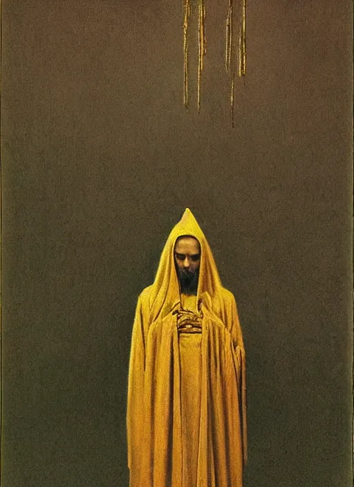 Image similar to portrait of a pagan cultist in fancy robes with a lot of gold by beksinski