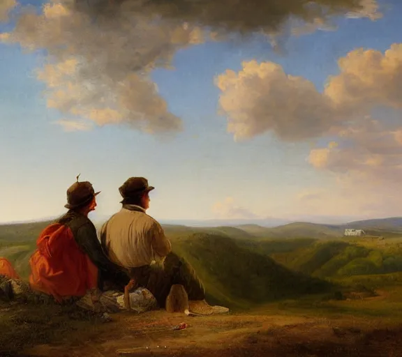 Prompt: landscape portrait of a couple looking over west virginia, smoking cigarettes on the roof, by william sidney mount - 1 8 3 3, trending on artstation