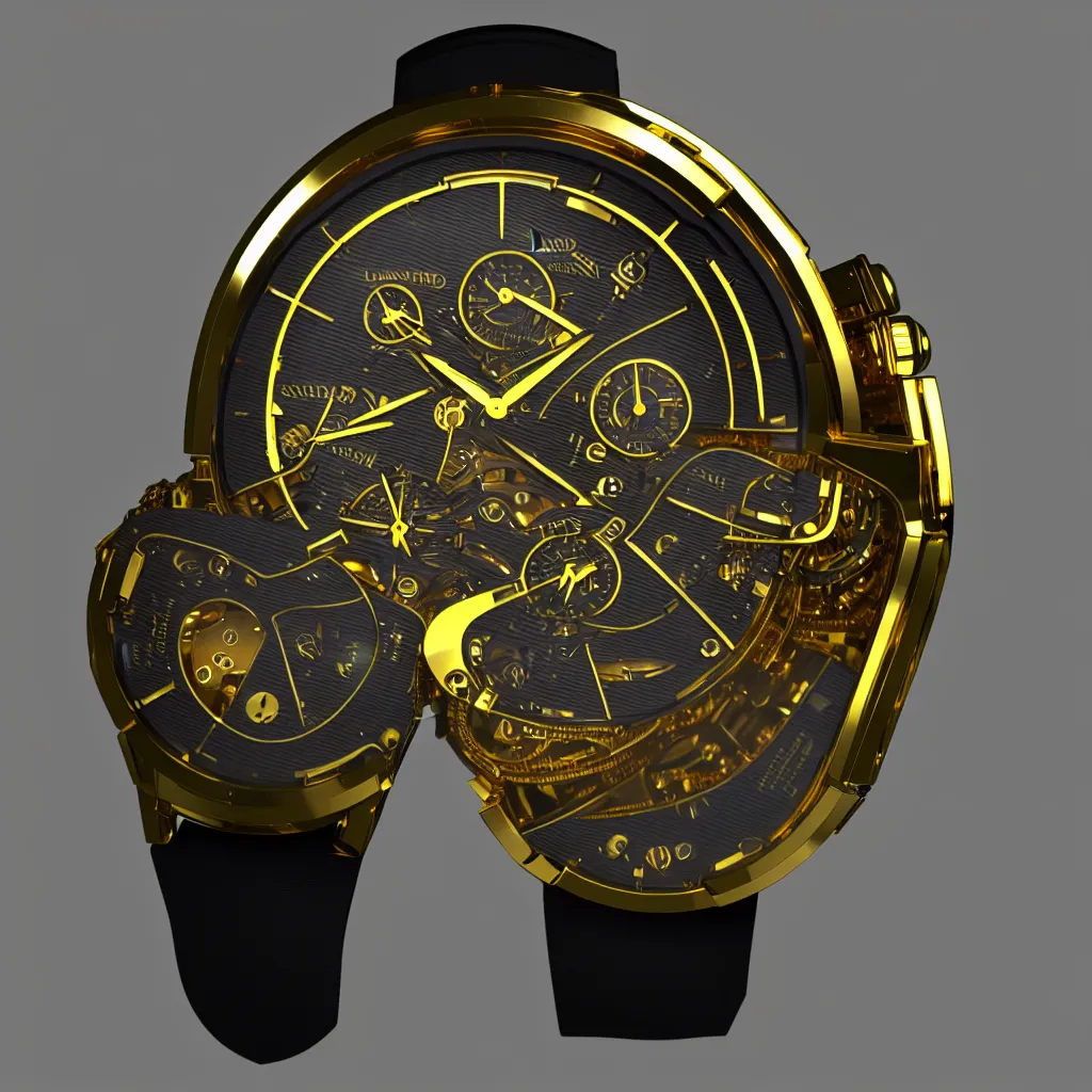 Prompt: full product photo of a 5 million dollar luxury men's watch with gold electronics and neon cybernetics, 4 k photorender realityengine