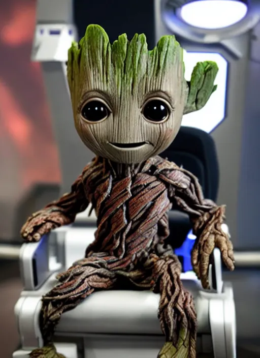 Image similar to baby groot sitting in the captains chair of the uss enterprise, photo realistic