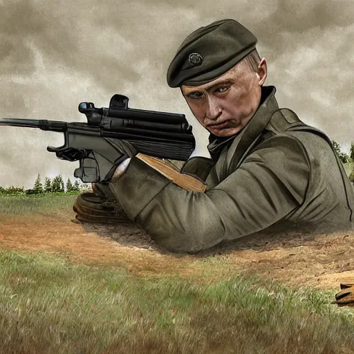 Image similar to putin with firearms, fighting in trenches somewhere in ukraine, highly detailed digital painting