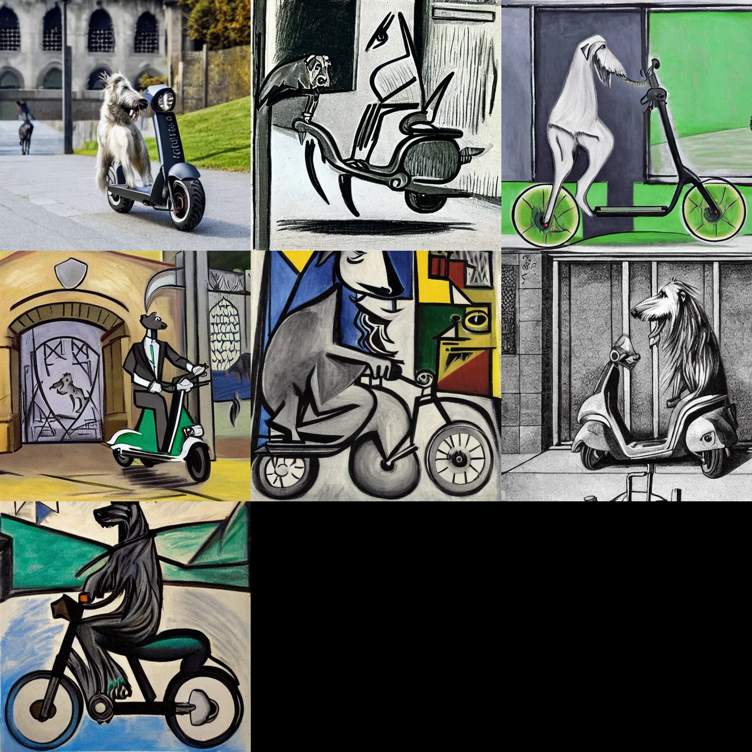 Prompt: an Irish wolfhound riding an electric scooter through the gates of Mordor by Picasso