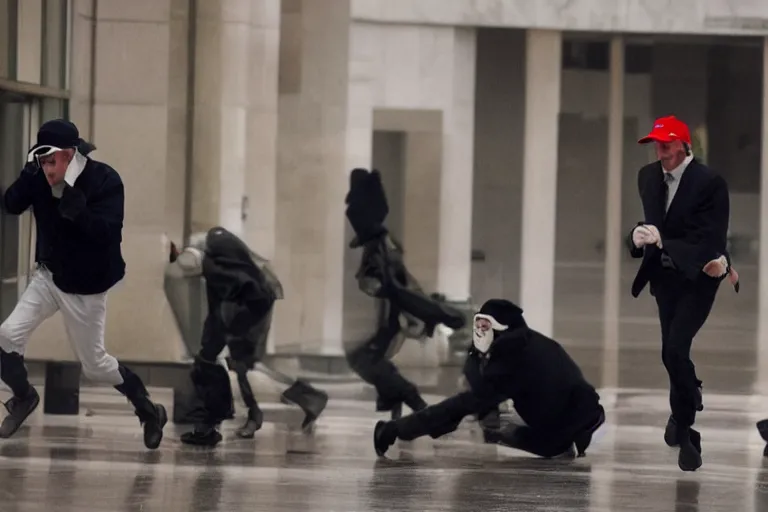 Prompt: bank robbers running out of white bank wearing trump masks by Emmanuel Lubezki