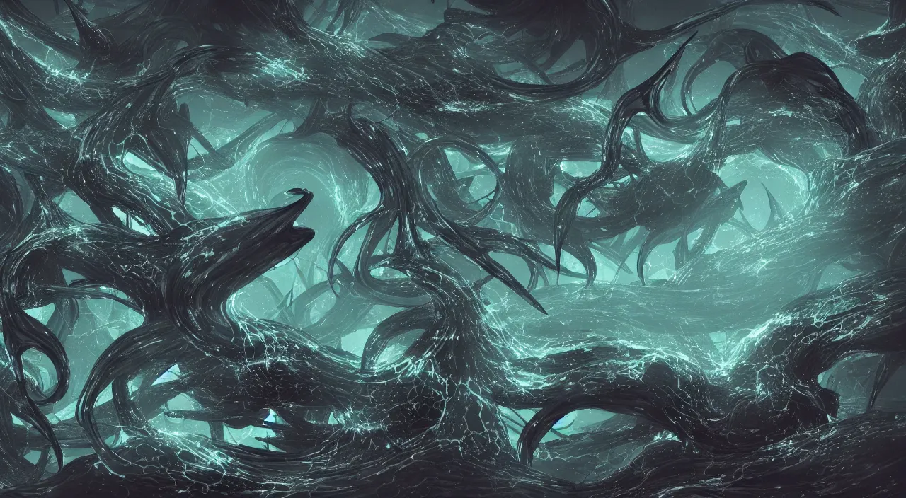 Image similar to huge and creepy sea-creatures from the deep sea glowing in the dark, large scale, breathtaking, mixed media, digital art, trending on artstation, 8k, epic composition, highly detailed, AAA graphics