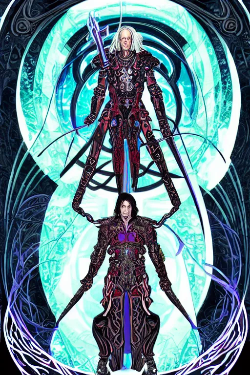 Image similar to a stunning and hypnotic full-color futuristic art nouveau styled action portrait of elric as a godlike and stoic chaos king, with weary and concerned red eyes, extremely detailed aquiline facial structure, art nouveau cybernetic armor and an intricately detailed magical rune-engraved hyperdetailed black sword that glows with ultraviolet eldritch power, perfectly symmetrical albino facial structure and linework, handsome alien facial characteristics, by travis charesyt, michael kaluta, michael whelan and bill sienkiewicz, dark sci-fantasy, deep complexity, male warrior king, sci-fi character concept, photorealism, spectacular framing, minimalist lighting, hyperrealism, 8k