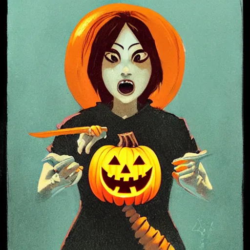 Prompt: scary female pumpkin nurse, symmetrical face, evil grin, portrait size, cinematic, dramatic, super detailed and intricate, by koson ohara, by darwyn cooke, by greg rutkowski, by satoshi kon