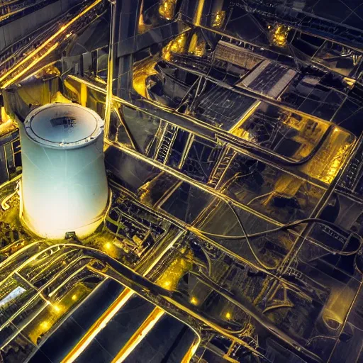 Image similar to photo of an inside nuclear power plant at night birds eye view inception cinematic