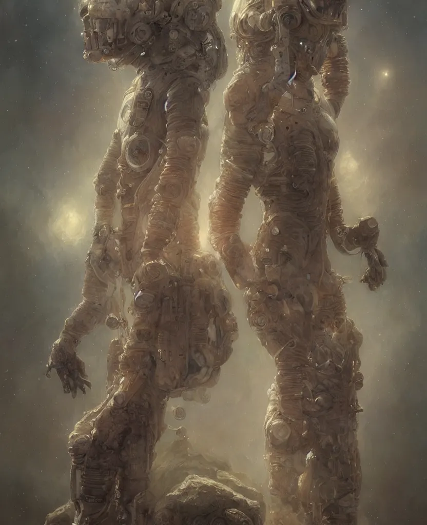 Image similar to realistic photography of a flesh totem of astronauts wearing dirty and moldy space suits, deep focus, intricate, elegant, highly detailed, foggy, misterious, digital painting, artstation, concept art, matte, sharp focus, illustration, art by artgerm and greg rutkowski and alphonse mucha