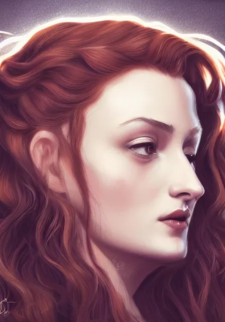 Image similar to sansa portrait in profile with a complex hairstyle with lots of curls, intricate, elegant, highly detailed, digital painting, artstation, concept art, smooth, sharp focus, illustration, pre - raphaelite style