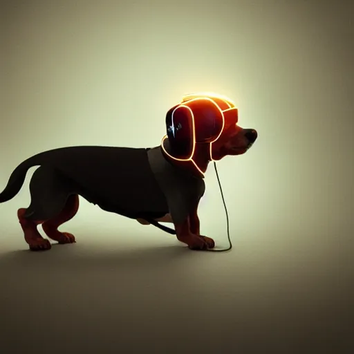 Image similar to dachshund dog wearing vr headset and htc vive trackers recording motion capture, artstation, eerie lighting, cyberpunk