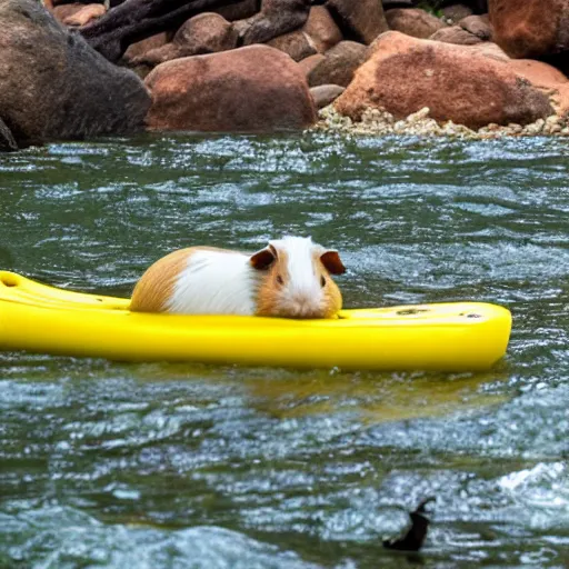 Image similar to a guinea pig paddling a yellow kayak on a small stream