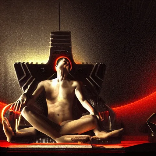 Prompt: dark god sit on the tron, surreal, night, death, fear, 4 k resolution, caravaggio, hyperrealism, detailed and intricate environment, volumetric dramatic light