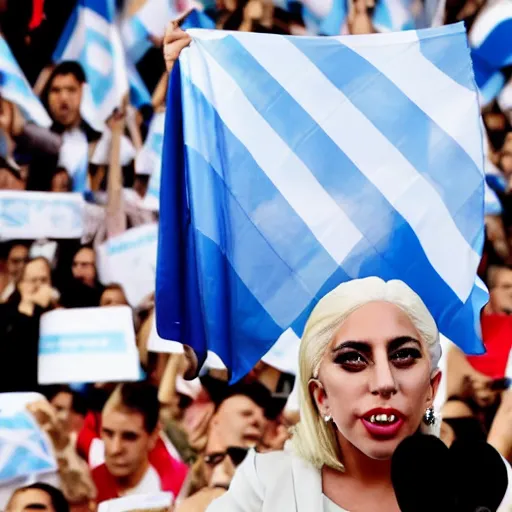 Image similar to Lady Gaga as president, Argentina presidential rally, Argentine flags behind, bokeh, giving a speech, detailed face, Argentina