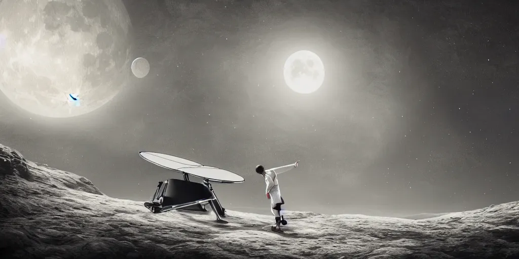 Prompt: ! dream ultra realistic illustration, physiotherapist playing ping - pong, ping - pong table, an outdoor on the moon, lunar landscape, elegant, highly detailed, artstation, concept art, smooth, sharp focus, moody, dramatic lighting