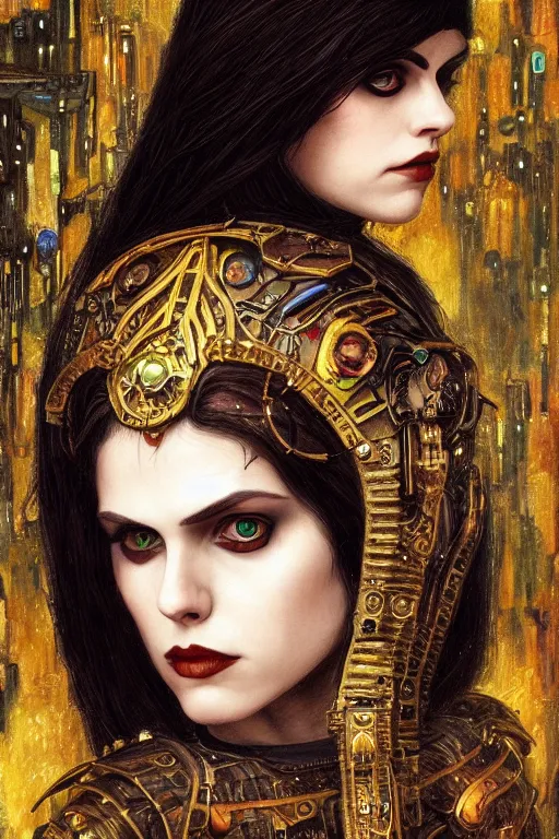 Image similar to portrait of beautiful gothic Alexandra Daddario, cyberpunk, Warhammer, highly detailed, artstation, illustration, art by Gustav Klimt