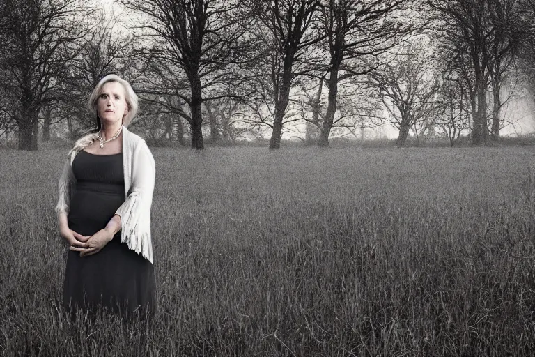 Image similar to a cinematic headshot portrait of a frozen middle aged woman stood in a field, field on fire, ultra realistic, depth, beautiful lighting, by annie leibovitz