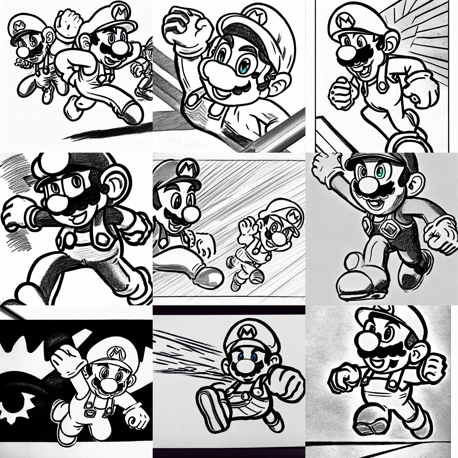 Prompt: epic shaded pencil sketch of super mario running, focused stare, striking detailed artstyle, shonen manga panel