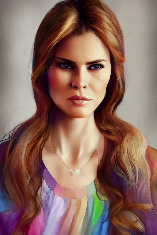 Image similar to portrait of a blend of young maria shriver, mariel hemmingway, melania trump and elle macpherson as an angel, thin lips, hair tied up in a pony tail, rainbow colors, vine, artstation, cgsociety