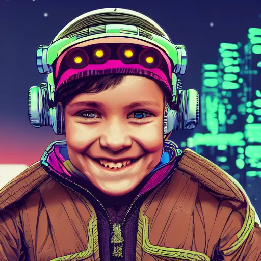 Image similar to in the style of bubbltek and josan gonzalez close up of a smiling young explorer wearing a cyberpunk headpiece, highly detailed, intricate details, 8k wallpaper