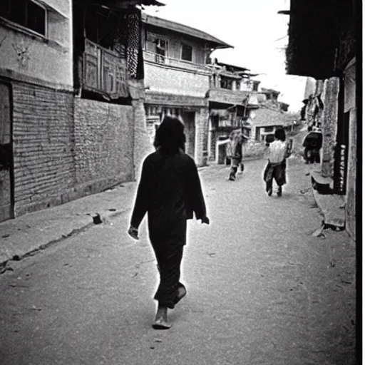 Image similar to john lennon walking barefoot on the streets of kathmandu, 1970s vintage photo