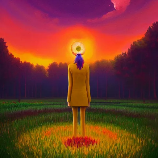 Image similar to giant daisy flower head, frontal, girl in a suit, surreal photography, sunrise, dramatic light, impressionist painting, digital painting, artstation, simon stalenhag