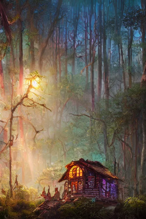 Prompt: a cheerful and whimsical ramshackle multistory hut in the woods, intricate, elegant, fantasy, highly detailed, digital painting, concept art, sharp focus, illustration, beautiful volumetric lighting, beams of light, epic light, artstation, magic hour lighting, colorful, sunshine, spring, art by Bill Watterson