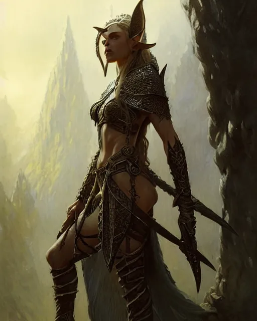 Image similar to fierce female elven warrior, fantasy character portrait, ultra realistic, concept art, intricate details, highly detailed, wide angle, by greg rutkowski, gaston bussiere, craig mullins, simon bisley