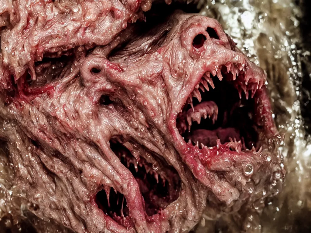 Prompt: wet slimy fleshy demon crawling out of man's mouth, body horror, Cronenberg, Rick Baker, dramatic film still, daylight, photo real, Eastman EXR 50D 5245/7245, close-up action first-person perspective
