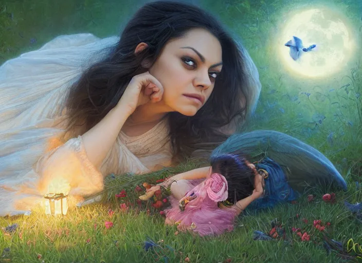 Image similar to Mila Kunis staring into the camera singing a lullaby, fireflies, full moon, Lilia Alvarado, Sophie Anderson, Mark Arian, Bob Byerley, Charlie Bowater, Mark Brooks, Steve Henderson, Justin Gerard, Arthur Hughes, Edward Robert Hughes, Mark Keathley, Victor Nizovtsev, Carlos Shwabe, Ross Tran, WLOP