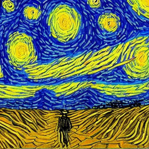 Image similar to 3 d render, skeleton, ship, walking, desert, in the style of van gogh starry night.