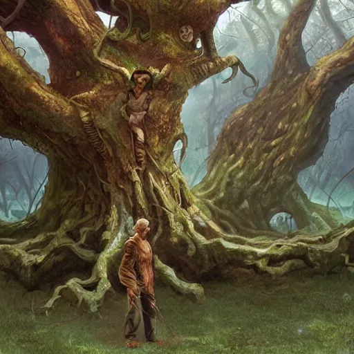 Prompt: A man standing under a huge tree with intertwined roots by Marc Simonetti