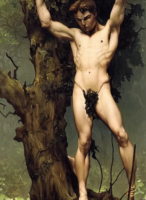 Prompt: Saint Sebastian tied to a tree in the forest, intricate, elegant, highly detailed, digital painting, artstation, concept art, smooth, sharp focus, illustration, art by frazetta and bouguereau and aleksi briclot