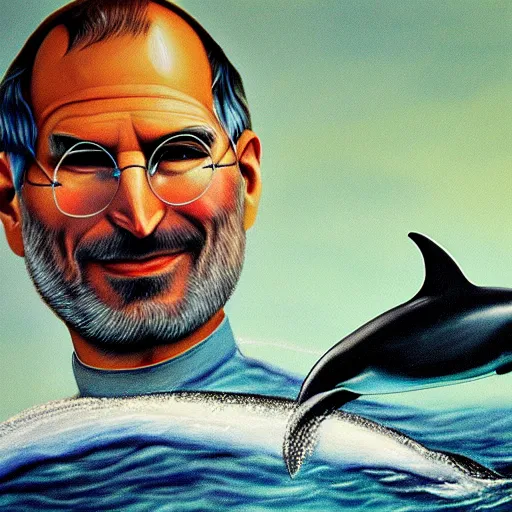 Prompt: steve jobs riding a dolphin, painting