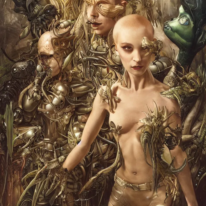 Prompt: a portrait photograph of a scaled tropical female alien. she wearing a tactical suit and has many body modifications. by tom bagshaw, donato giancola, hans holbein, walton ford, gaston bussiere, brian froud, peter mohrbacher and magali villeneuve. 8 k, fashion editorial, cgsociety