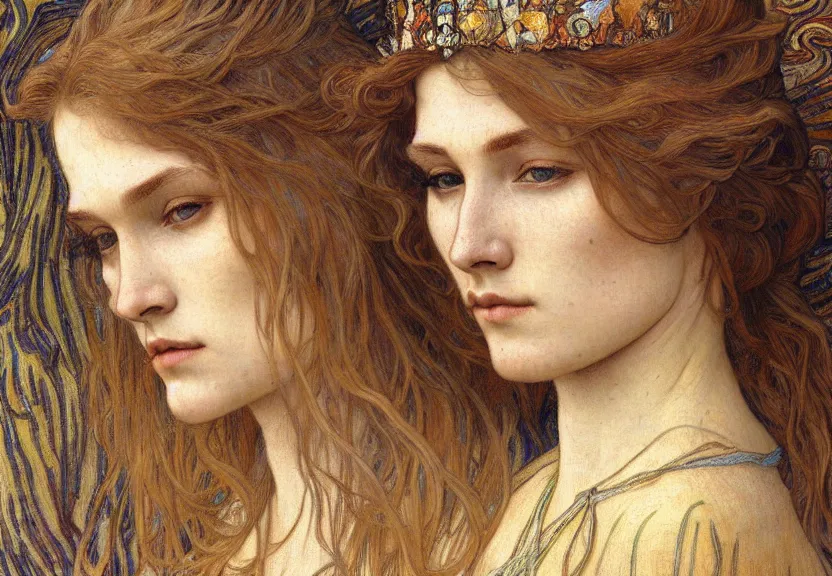 Image similar to detailed realistic beautiful young medieval queen face portrait by jean delville, alphonse mucha, vincent van gogh, and marco mazzoni, art nouveau, symbolist, visionary, gothic, pre - raphaelite