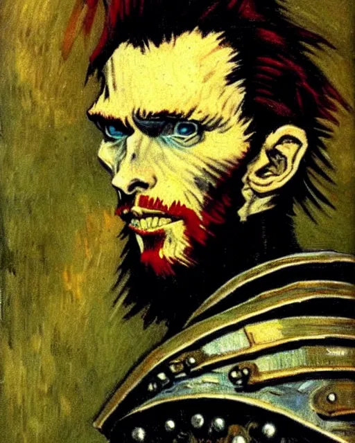 Image similar to portrait of a skinny punk goth vincent van gogh wearing armor by simon bisley, john blance, frank frazetta, fantasy, thief warrior