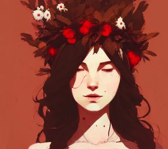 Prompt: portrait of forest godess with cotton flower crown, by atey ghailan, by greg rutkowski, by greg tocchini, by james gilleard, by joe fenton, by kaethe butcher, by ashley wood, dynamic lighting, gradient light red, brown, blonde cream and white color scheme, grunge aesthetic