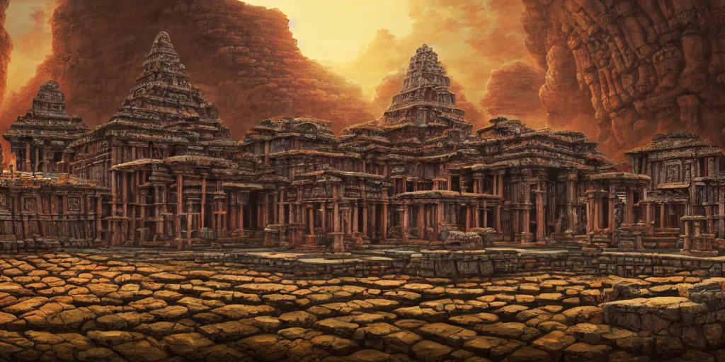 Image similar to an ancient temple made of human flesh, by Naomi Okubo, landscape, dramatic lighting, high contrast colors, panoramic view, as trending on Artstation,