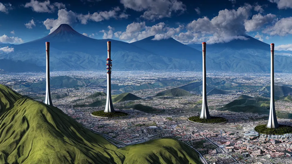 Prompt: Epic Nuclear power towers gracefully over the mountain valley of Quito, Ecuador; by Oswaldo Moncayo and Vincent Callebaut; Location: Quito Ecuador 4K, 8K; Ultra-Realistic Depth Shading