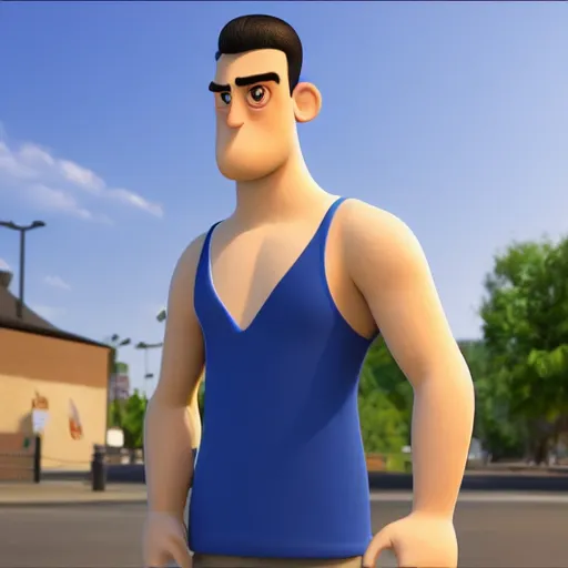 Image similar to handsome thin athletic white man with short buzzed widows peak hair, eyes are blue, facial stubble, wearing tank top, posing outside, depicted as a Pixar character, high quality cg render, 4k