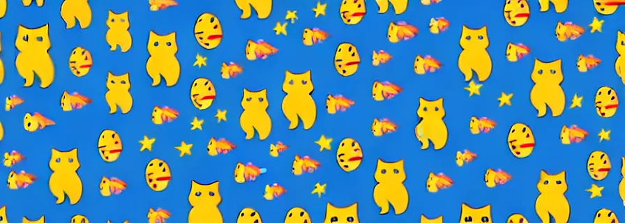Image similar to pattern with cats in astronaut suits and fish figures, mild colors, black background,