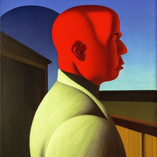 Prompt: devil in disguise, oil painting by rene magritte and edward hopper