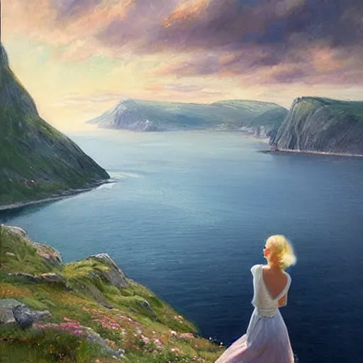 Prompt: beautiful 1950s blonde standing on top of Norwegian fjord, morning, atmospheric, dreamy, painting by Vladimir Volegov