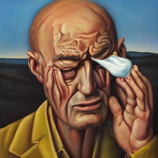 Image similar to surrealism oil painting of a man crying over spilled milk