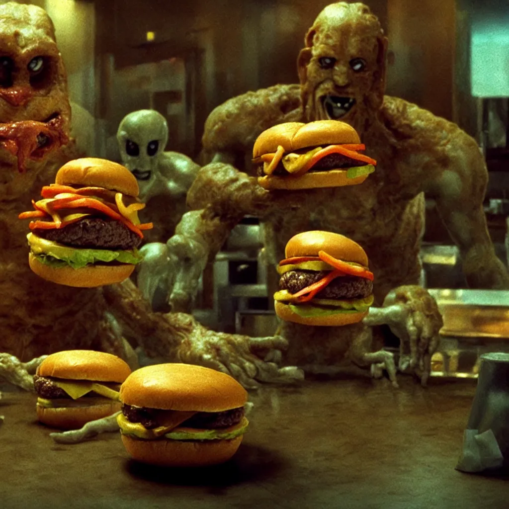 Prompt: the cheeseburger creature at the fast food restaurant, film still from the movie directed by denis villeneuve and david cronenberg with art direction by salvador dali and zdzisław beksinski, wide lens