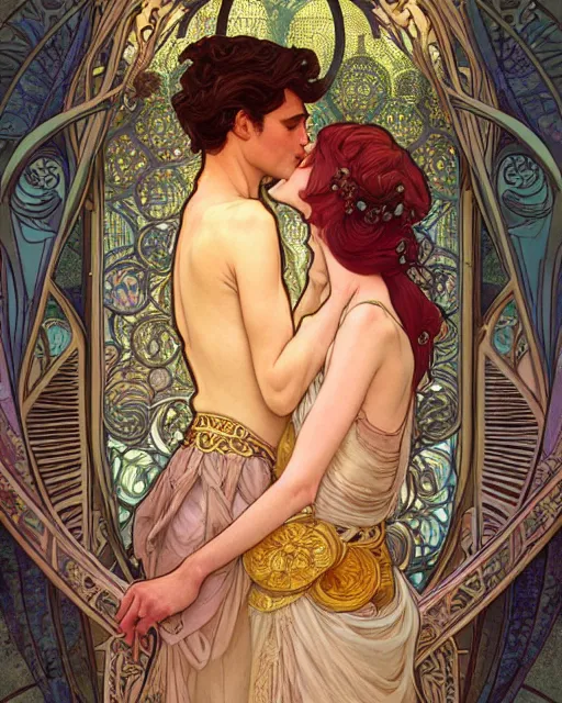 Image similar to the kiss | highly detailed | very intricate | art nouveau | gold filigree | romantic storybook fantasy | soft cinematic lighting | award - winning | disney watercolor illustration by mandy jurgens and alphonse mucha and alena aenami | pastel color palette | featured on artstation