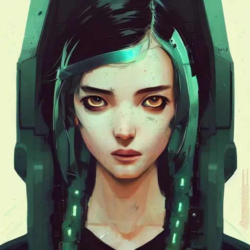 Prompt: Highly detailed portrait of a cyberpunk young lady with, freckles and wavy hair by Atey Ghailan, by Loish, by Bryan Lee O'Malley, by Cliff Chiang, by Greg Rutkowski, inspired by image comics, inspired by graphic novel cover art, inspired by nier!! Gradient color scheme ((grafitti tag fluffy cushion background)), trending on artstation